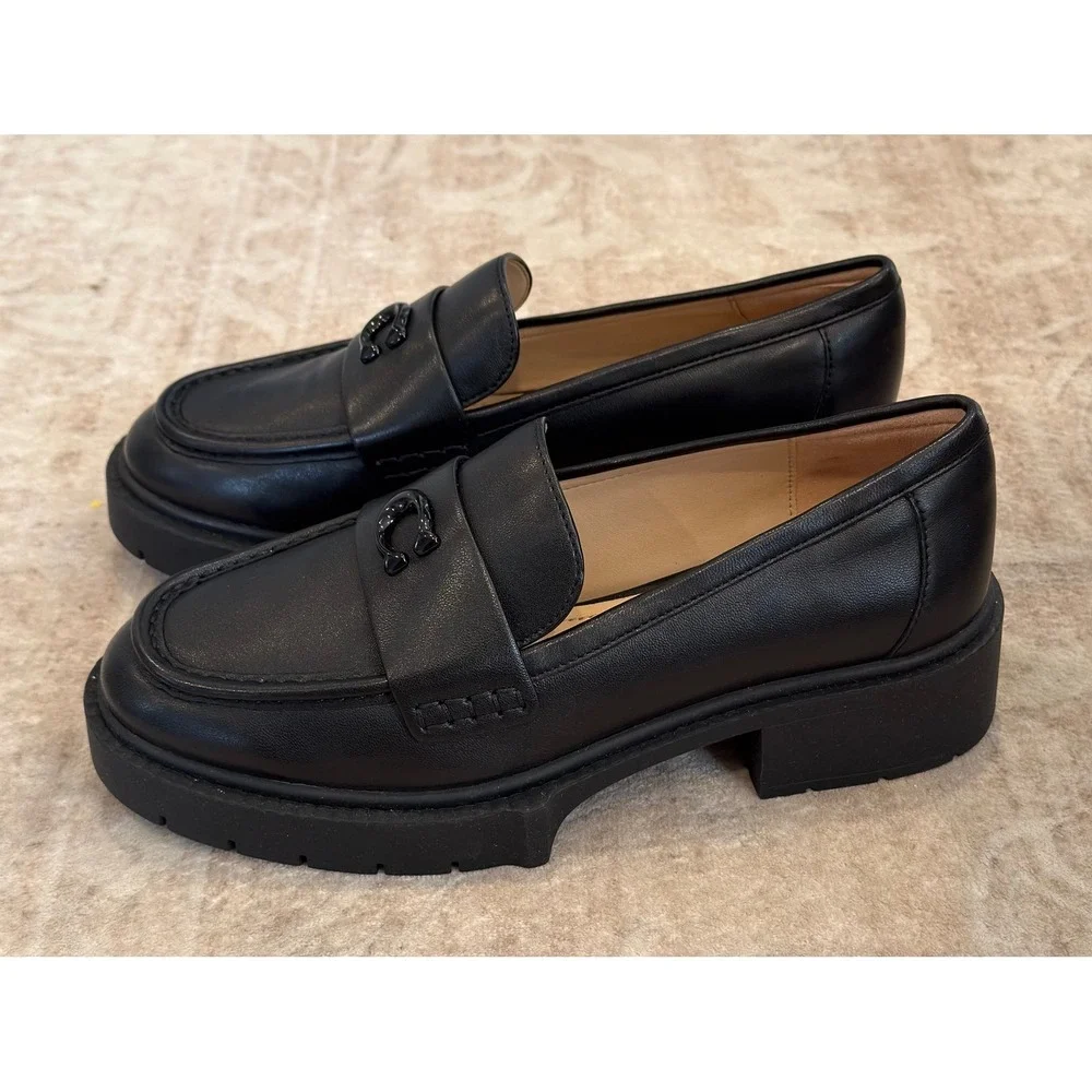 Coach Leah Leather Platform Lug Sole Loafers Black Size 7.5B